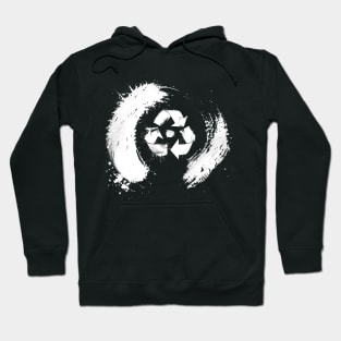 Earth Day: The Recycle Logo in the center of a Japanese Sumi Brush Enso (eternal circle)  on a Dark Background Hoodie